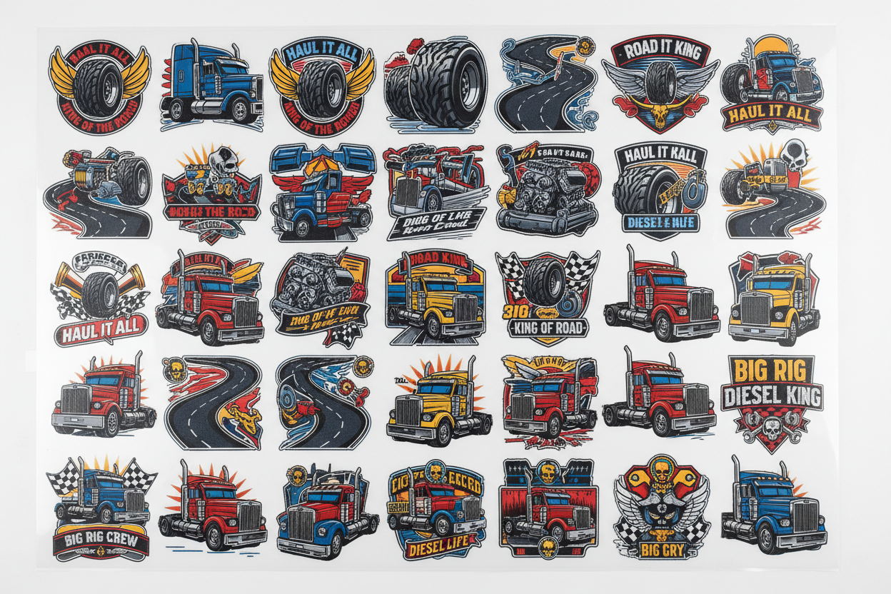 Collection of colorful truck-themed stickers on a white background
