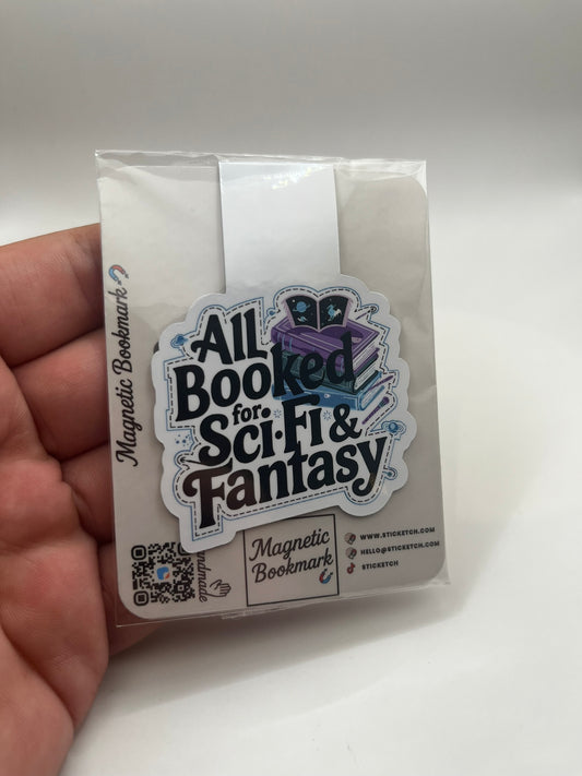 Magnetic bookmark packaging with 'All Booked for Sci-Fi & Fantasy' text on a white background.