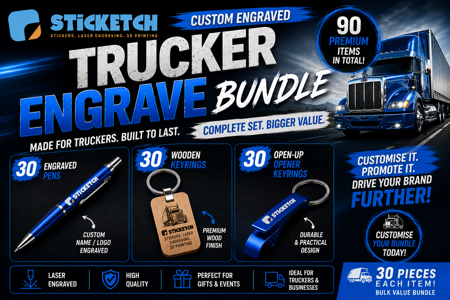 Promotional graphic for Sticketch Trucker Engrave Bundle with truck and product details.
