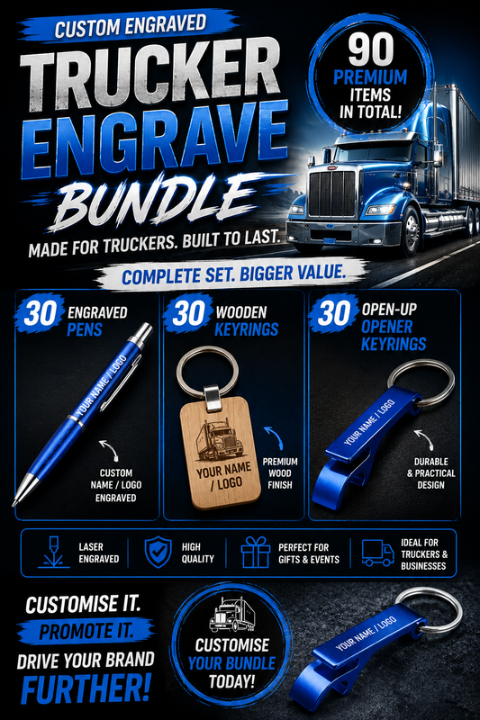 Trucker engrave bundle advertisement with truck, pens, keychains, and opener keyrings on a dark background.