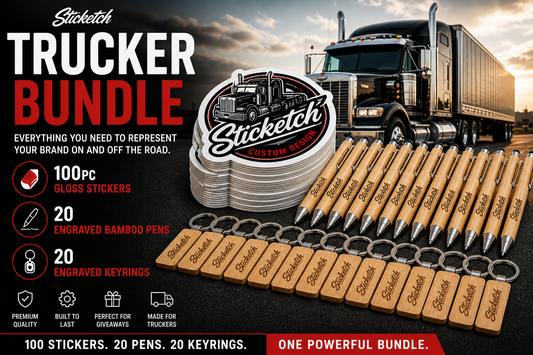 Stickeret trucker bundle with truck, stickers, pens, and keychains on a dark background.