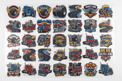 Collection of colorful truck-themed stickers on a white background