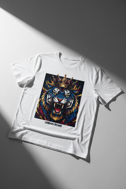 White t-shirt with a colorful tiger graphic and 'Urban Roar' text on a gray background