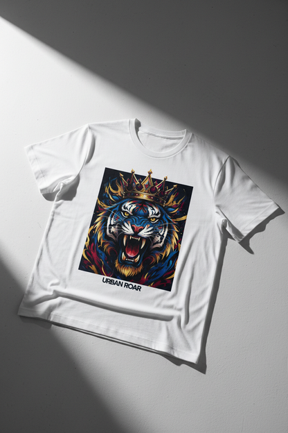 White t-shirt with a colorful tiger graphic and 'Urban Roar' text on a gray background