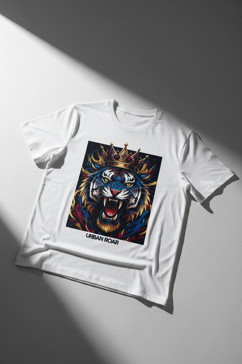 White t-shirt with a colorful tiger graphic and 'Urban Roar' text on a gray background