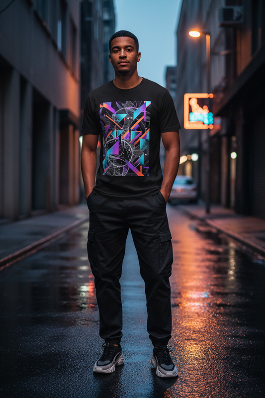 Person wearing a black t-shirt with colorful abstract design on a city street at night.