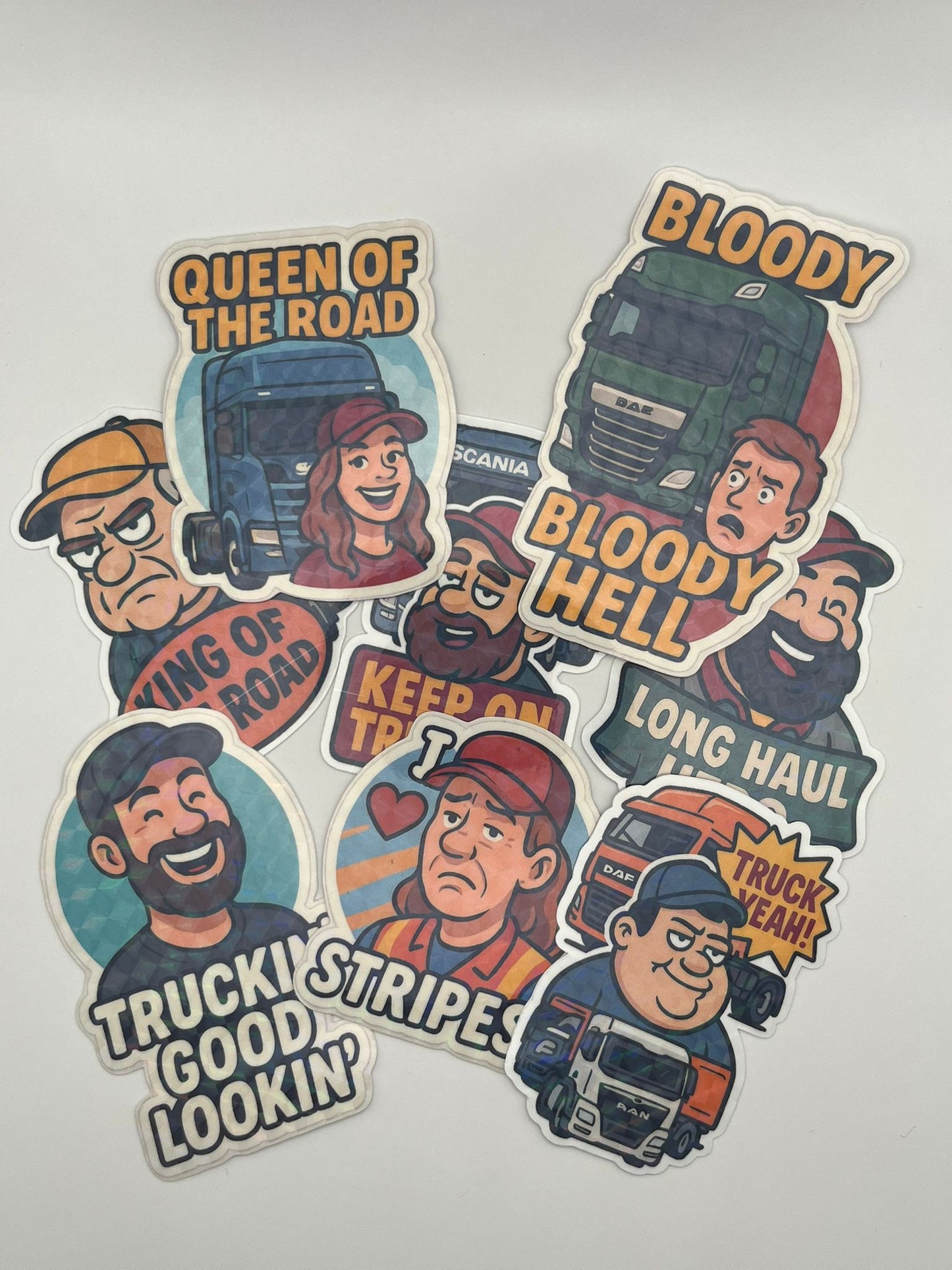 Set of 8 Funny UK Trucker Stickers – Gloss, Matte, or Carbon Fibre Finish