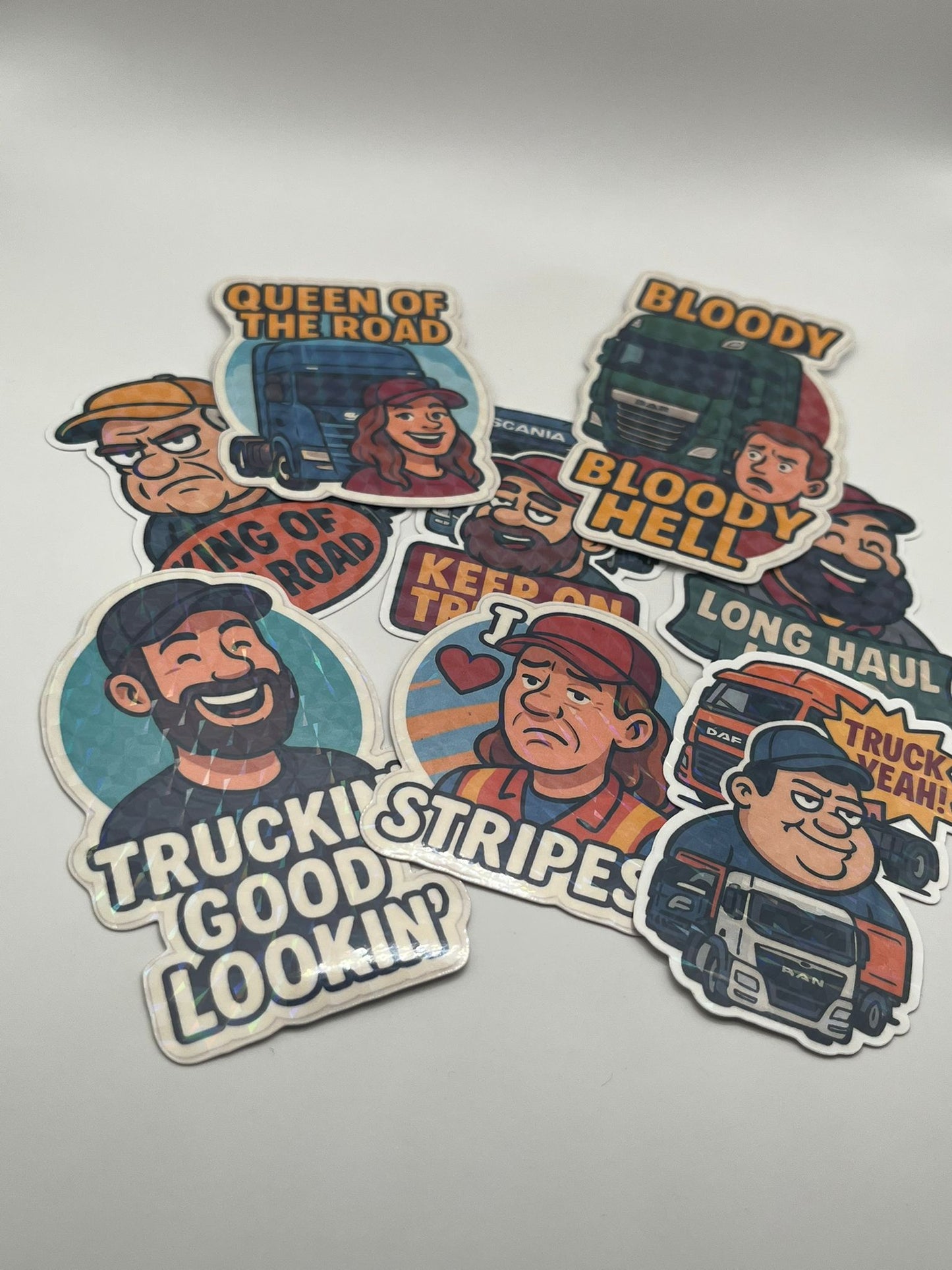 Set of 8 Funny UK Trucker Stickers – Gloss, Matte, or Carbon Fibre Finish
